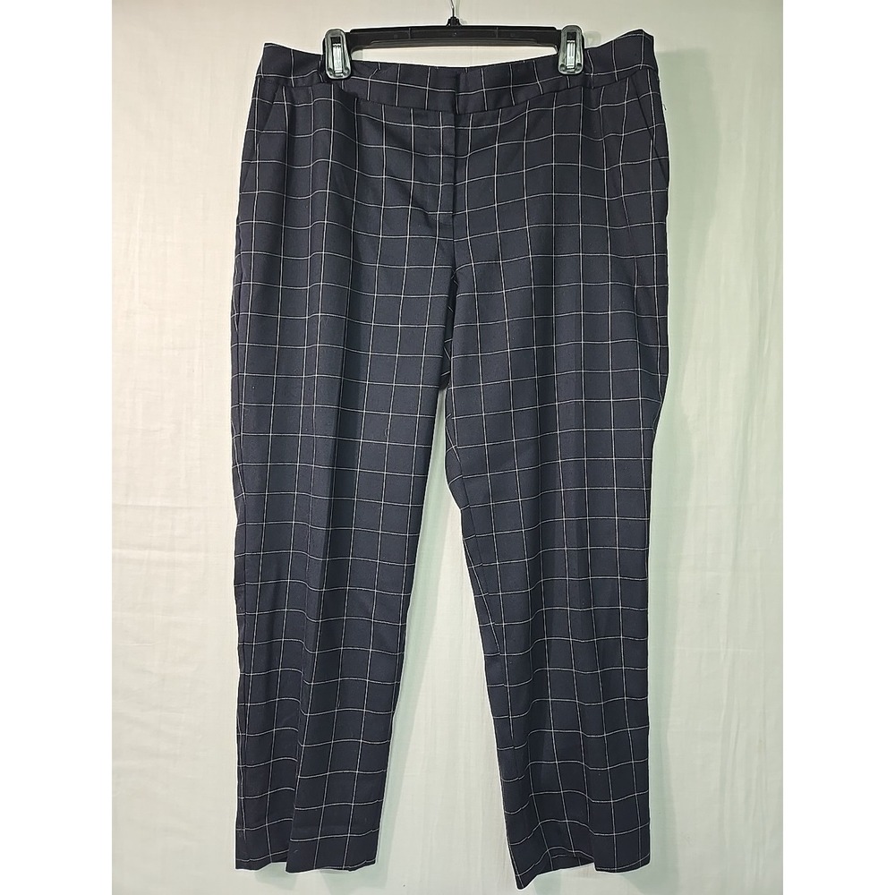 Talbots Signature Windowpane Pants Women's 14 Navy Wool Blend Lined Straight Leg